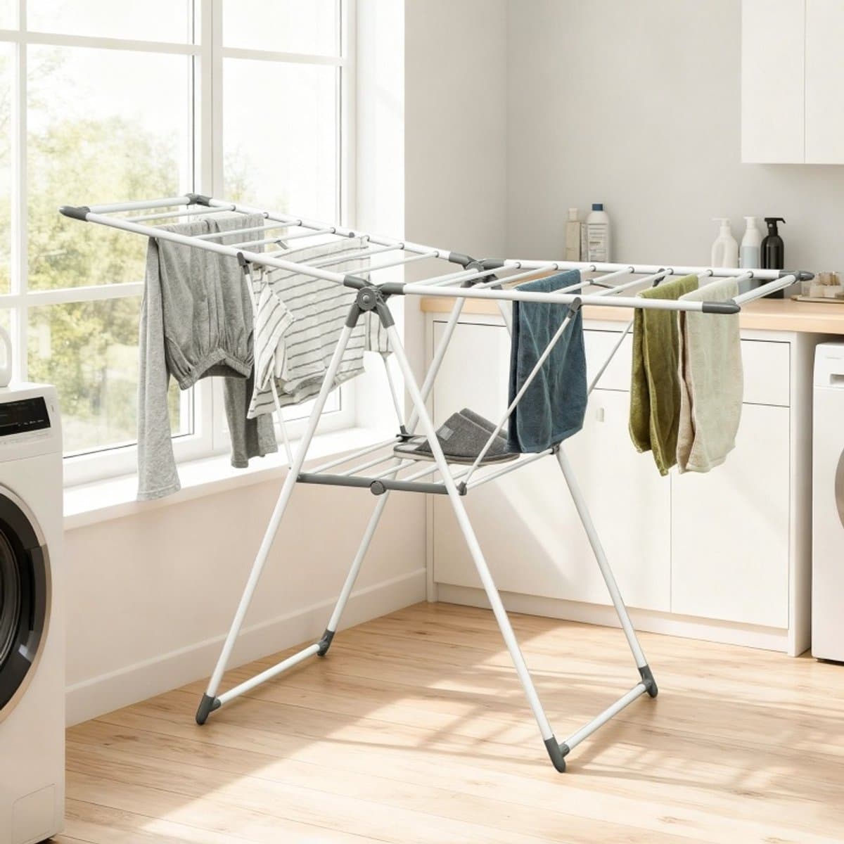 Droogrek Inklapbaar 1,565 M Drooglengte Met 2 Niveaus Verstelbare Vleugels Metaal Wit Voor Kleding En Broeken 15 Kg Draagvermogen — afbeelding 1