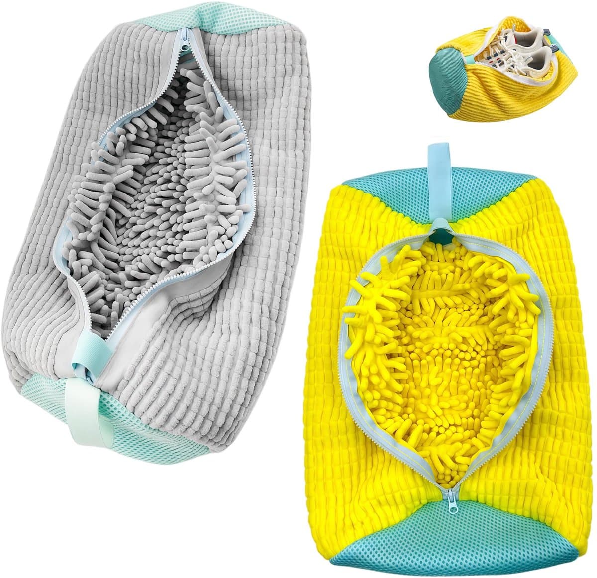 Wasmachine 2 Delen (grijs/Geel), Herbruikbare Sneaker Waszak met rits voor het wassen van schoenen, waszak Mesh schoenen — afbeelding 1