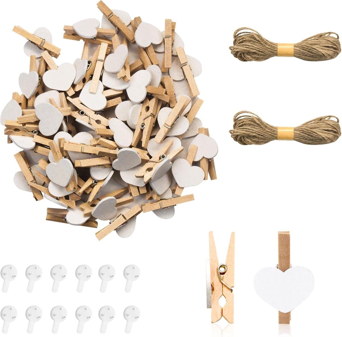 Wasknijpers, natuurlijke houten wasknijpers met 10 m jute koord, non-trace-hanghaken, decoratieve pennen voor bruiloftsfeest, fotohouder, kaartdecoratie, kunsthandwerk (100 stuks — afbeelding 1