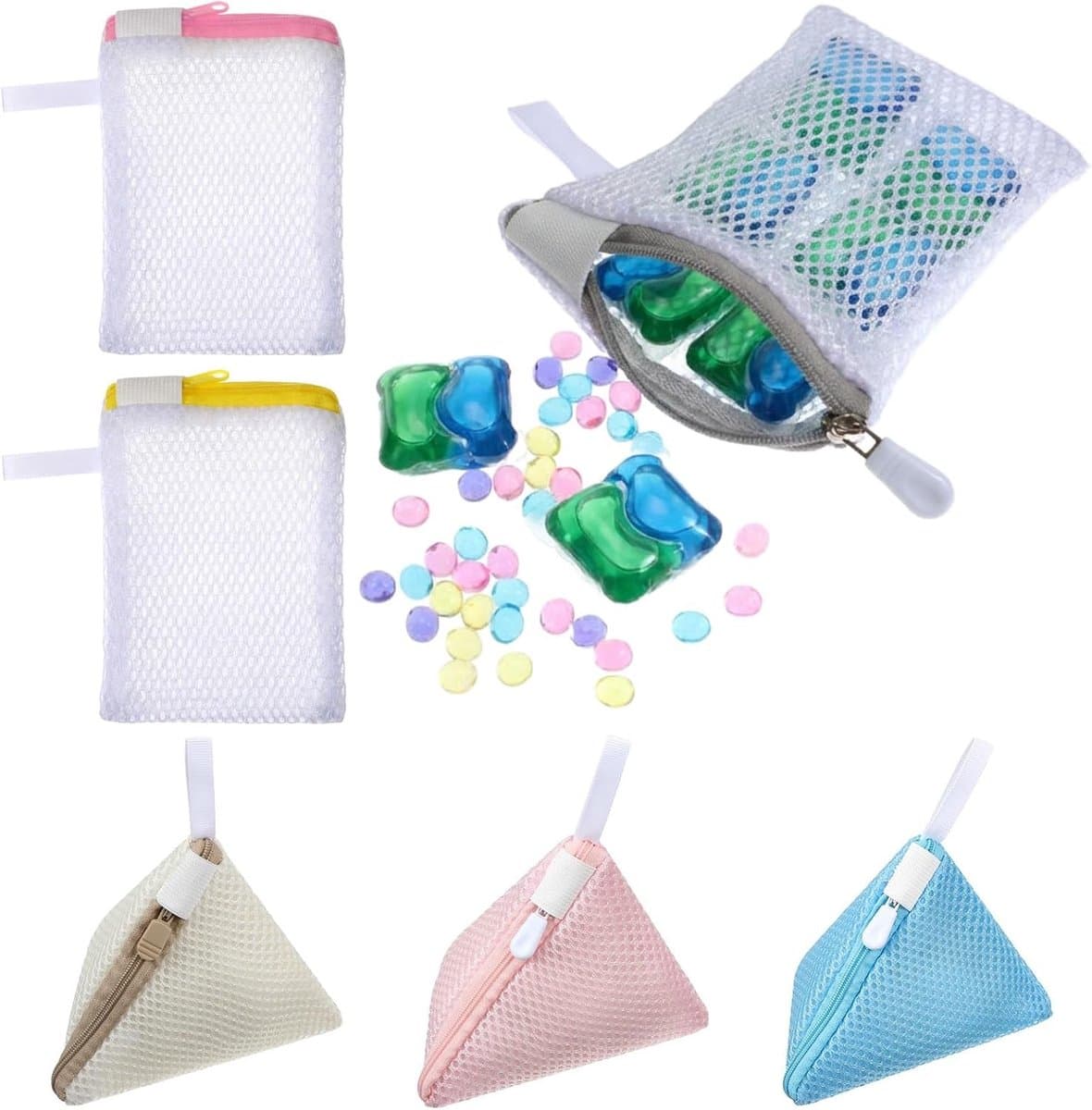 Mini-wasnetjes set van 6, kleine driehoekige netzakken voor delicate was, anti-hechting, opbergtas voor geurparels en wasmachine accessoires — afbeelding 1