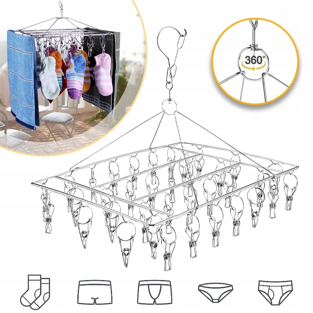 Opvouwbare Droogrek Sokkenhanger Met 36 Clips - Rechthoekig Droogrek Van Hoogwaardig Roestvrij Staal Clips Die Dunne Stoffen Goed Vastklemmen Winddichte Haaksluiting Neemt Geen Vloerruimte in Beslag - Wasorganizer Voor Studentenkamers — afbeelding 1