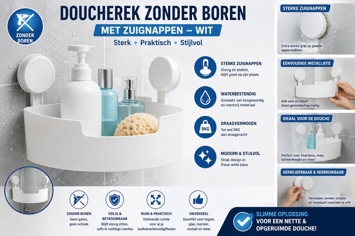 Doucherek Zonder Boren – Met Zuignappen – Wit — afbeelding 1