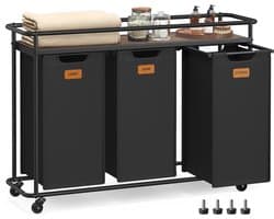 Jensaro Wasmand met 3 Compartimenten en Wielen - 150 Liter - Waskar met Bovenplank - Stalen Frame - Draagvermogen 44kg - Zwart