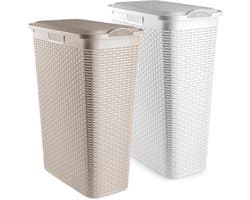 Plasticforte Wasmand met deksel - set van 2 - wit / beige - 48 liter - 27 x 46 x 60 cm