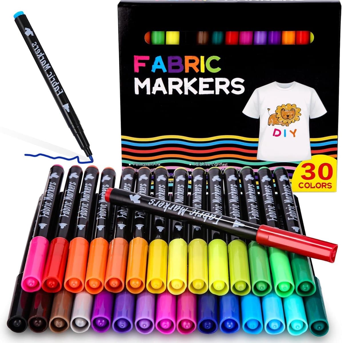 30 Kleuren Textielstiften, Textielmarkeerstiften, Wasmachinebestendige Textielmarker, Permanente Stofverf, Textielmarkers voor T-shirts, Hoeden, CanvasTassen, Doe-Het-Zelf Schilderen Stoffen Pennen — afbeelding 1