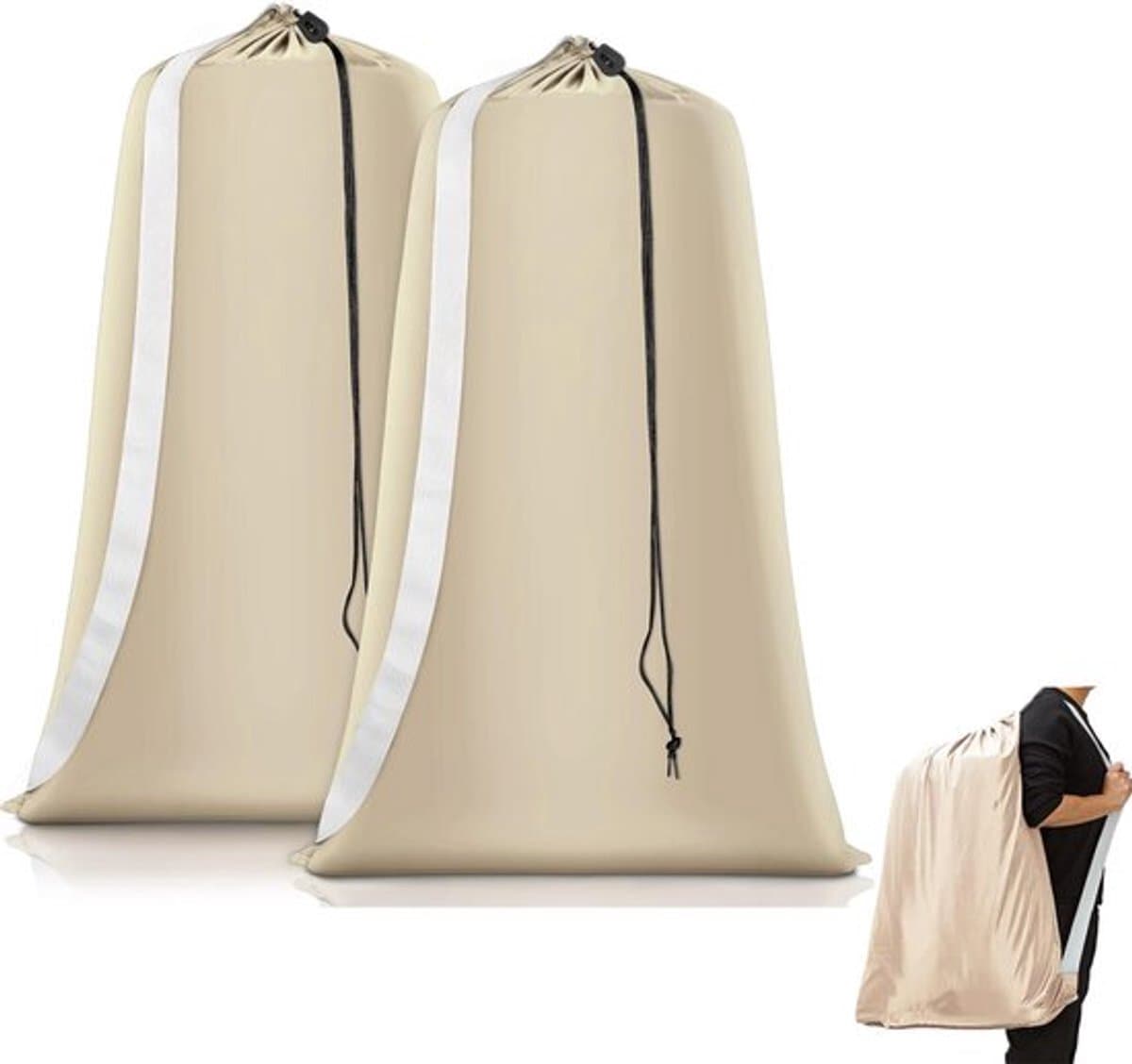 2 stuks stevige beige waszakken van 70×100cm met trekkoordsluiting en draagriemen, beschermende wasnetten voor kleding, geschikt voor thuis en reisopberging van vuile was — afbeelding 1