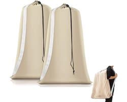 2 stuks stevige beige waszakken van 70×100cm met trekkoordsluiting en draagriemen, beschermende wasnetten voor kleding, geschikt voor thuis en reisopberging van vuile was