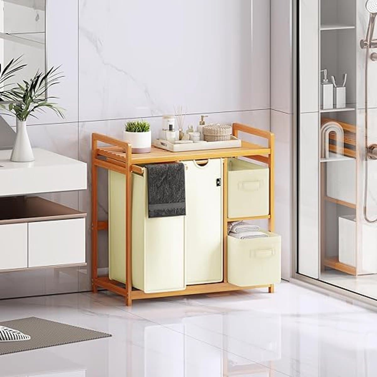 Wasmand Met 4 Vakken 140L - Grote Wasverzamelaar Met Bamboe Frame - Wassorteerder Met 2 Waszakken En 2 Stoffen Opbergboxen - Wasbox Met Plank Voor Badkamer, Slaapkamer En Wasruimte - Beige — afbeelding 1