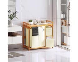Wasmand Met 4 Vakken 140L - Grote Wasverzamelaar Met Bamboe Frame - Wassorteerder Met 2 Waszakken En 2 Stoffen Opbergboxen - Wasbox Met Plank Voor Badkamer, Slaapkamer En Wasruimte - Beige