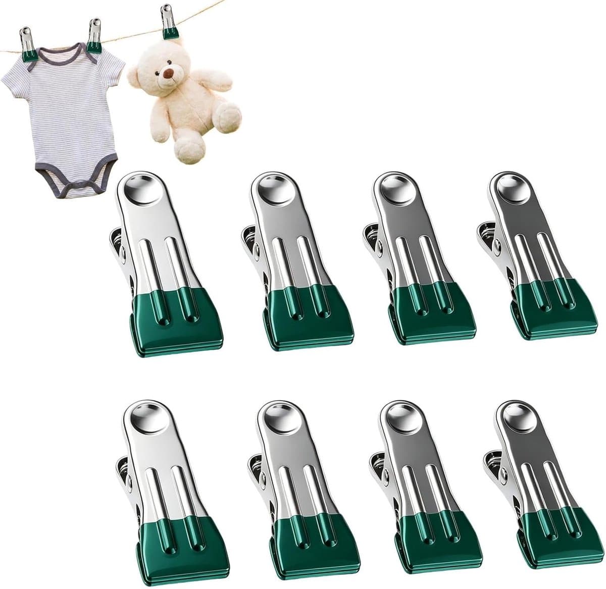 Wasknijpers - Kledingklemmen Organizer - Wasgoed Drogen - Roestvrij Staal - 8 Stuks - Groen — afbeelding 1