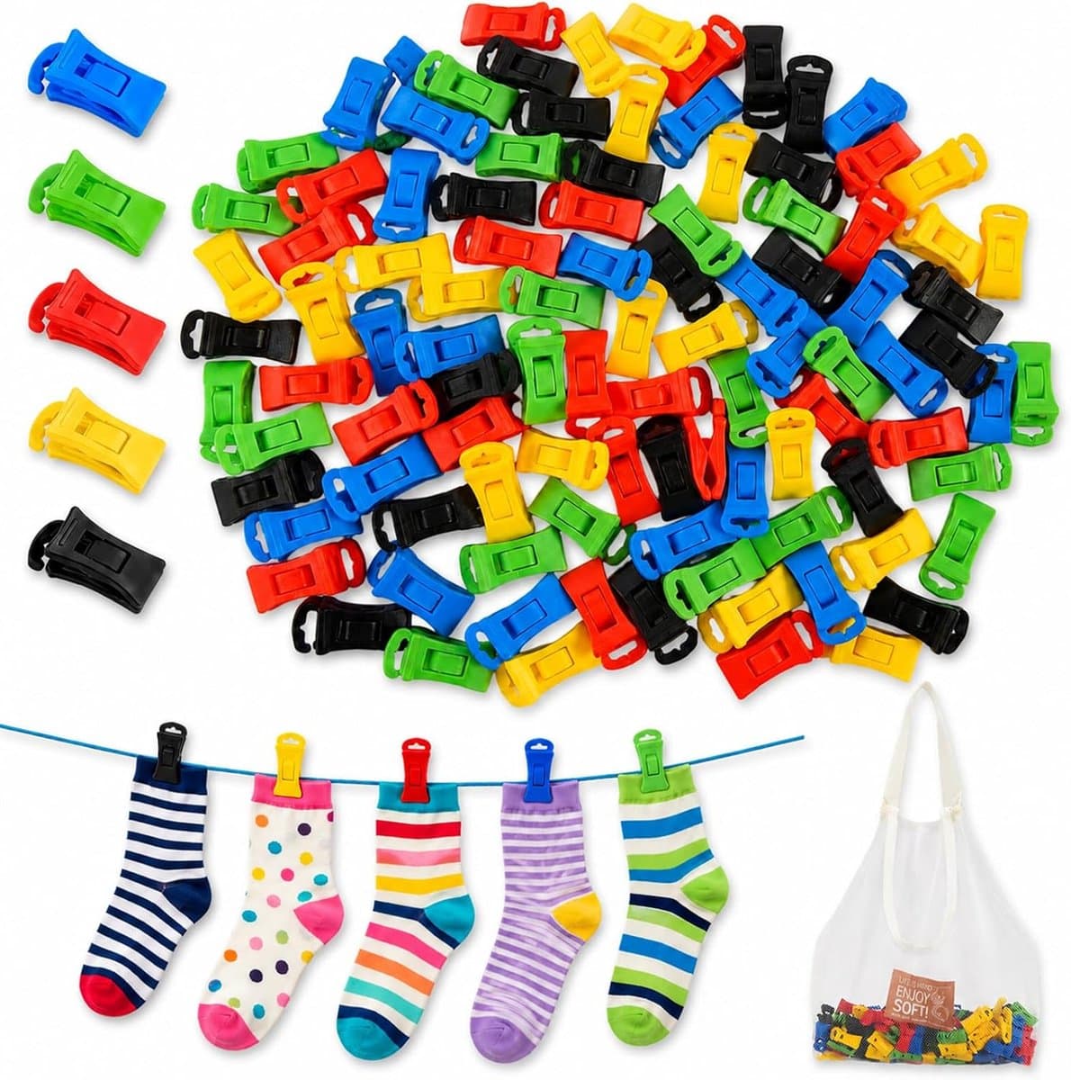 100 stuks sokkenklemmen voor wasmachine en droger met opbergdoos, sokkenhouder, wasmachine met haken, sokken met sokkenclip direct in de lade zonder ze te vouwen sokken — afbeelding 1
