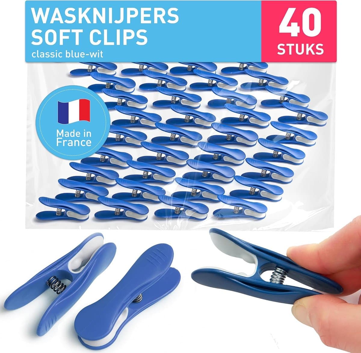 Wasknijpers Soft Clip, Voor Fijne Was, 40x, klassiek blauw-wit | Made in France, zachte veer, geen drukplekken op wol en delicate stoffen, UV- en weerbestendig, binnen en buiten — afbeelding 1