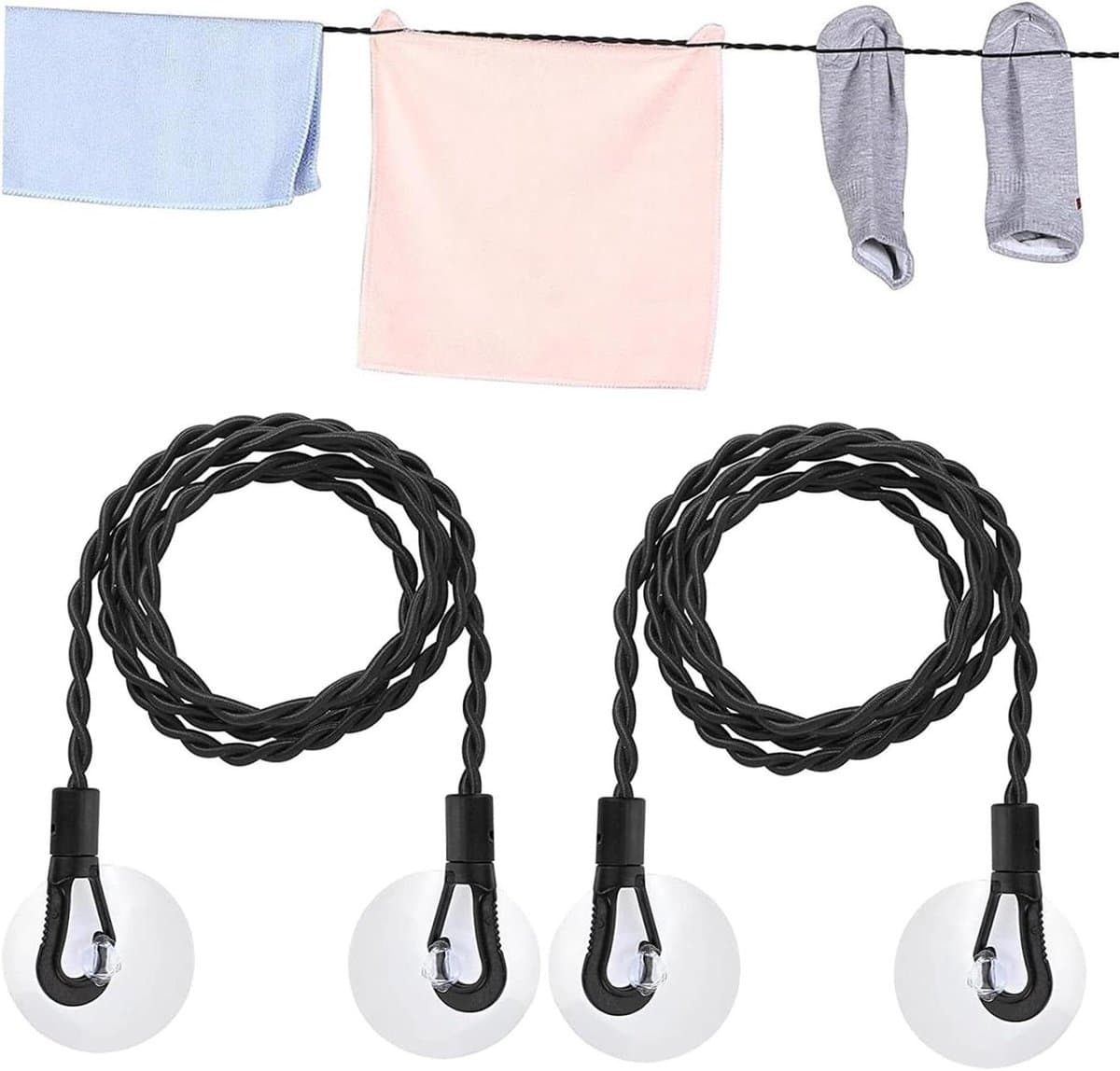 Reiswaslijn - Kledinglijn - Kleding Drogen - Met Zuignappen - 2 Stuks 150cm - Zwart — afbeelding 1