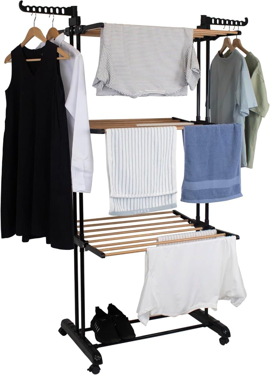 Kleding Airer Kleding Droogrek Extra Grote 4 Tier Kleding Paard Droogtoren Inklapbaar Rvs Kledingstuk Wasserij Kleding Droger Rekken Hout Effect — afbeelding 1