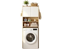 Solayne Kast - Badkamerkast - Wasmachinekast - Wasmachinekast met ombouw - 2 Open vakken & 2 Deuren - 65x24x185 cm - Hout/Wit