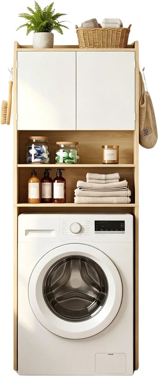 Solayne Kast - Badkamerkast - Wasmachinekast - Wasmachinekast met ombouw - 2 Open vakken & 2 Deuren - 65x24x185 cm - Hout/Wit — afbeelding 1
