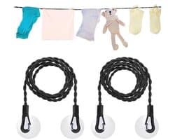 Waslijn Uitschuifbaar 1,5/3 m - 2 Stuks Reiskleding - Draagbaar - Winddicht - Haken/Zuignap - Hoogwaardig Nylon - Wasophanglijn
