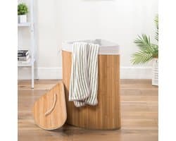 Grote Hoek Bamboe Wasmand met deksel - 100 L - Wasmand 1 Vak met stoffen waszak - Opvouwbaar - Wassorteerder Rond — afbeelding 1