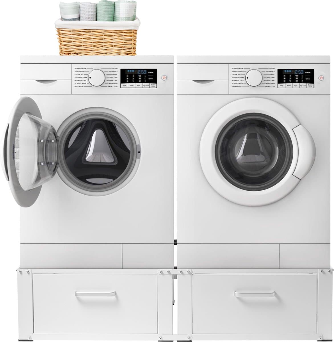 Vonia Wasmachine verhoger - Dubbel - Wasmachine en Droger Verhoger - Wasmachine Verhoger met Lade - Wasmachine Kast - Wasmachine ombouw - Wit — afbeelding 1
