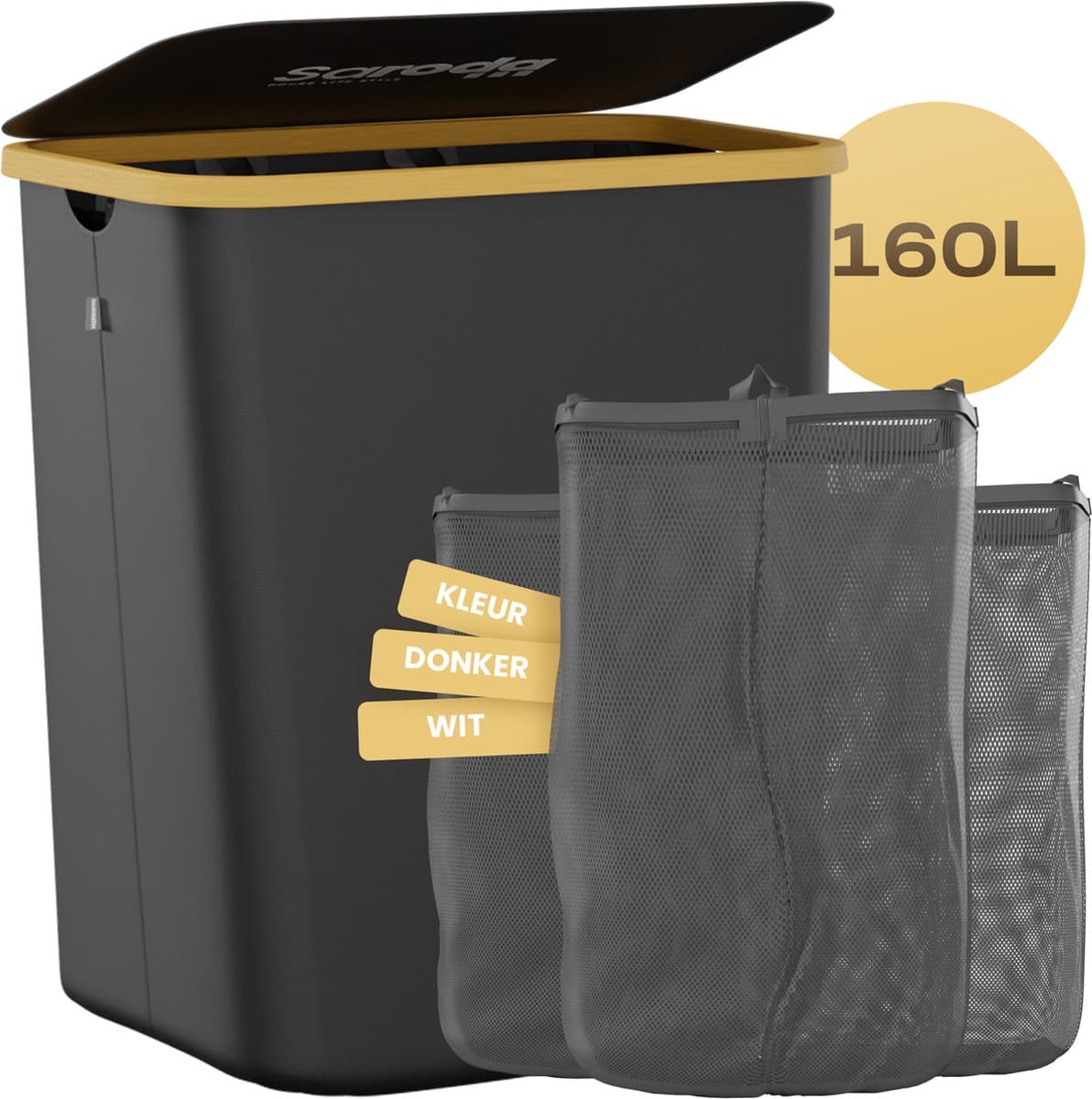Saroda Wasmand 3 Vakken 160L - Wasmanden - Met Deksel - Wassorteerder - Laundry Basket - Bag - Wasbox - 160L - Zwart - — afbeelding 1