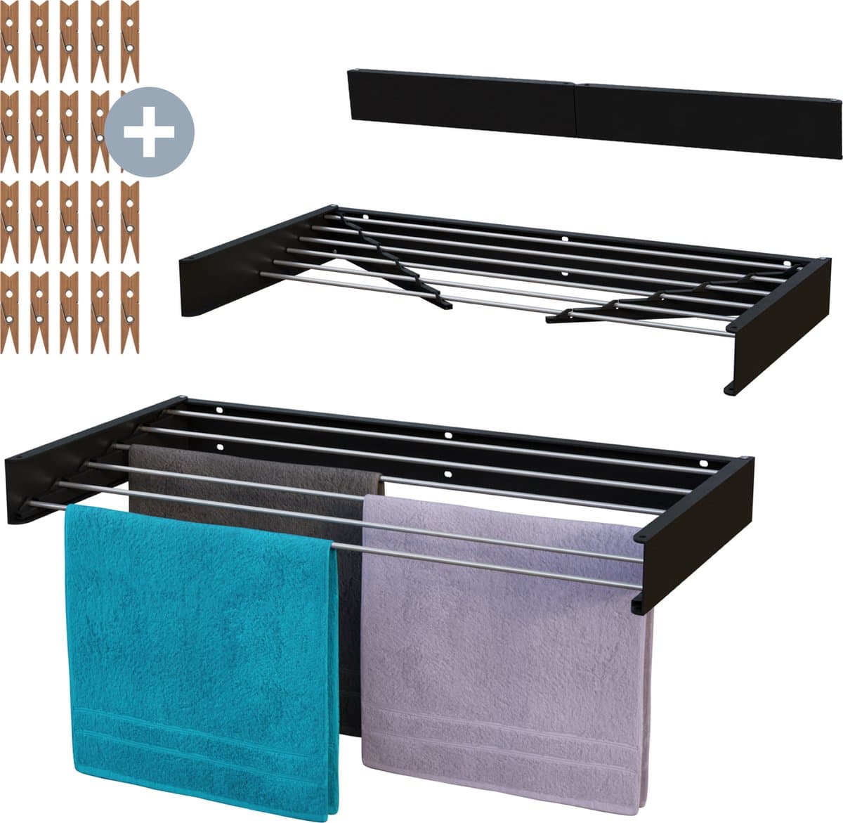 MiKas Wanddroogrek - Inklapbaar Droogrek - Wasrek - Hangend - Inclusief 20 wasknijpers - 100 cm - 6m drooglengte - Zwart — afbeelding 1