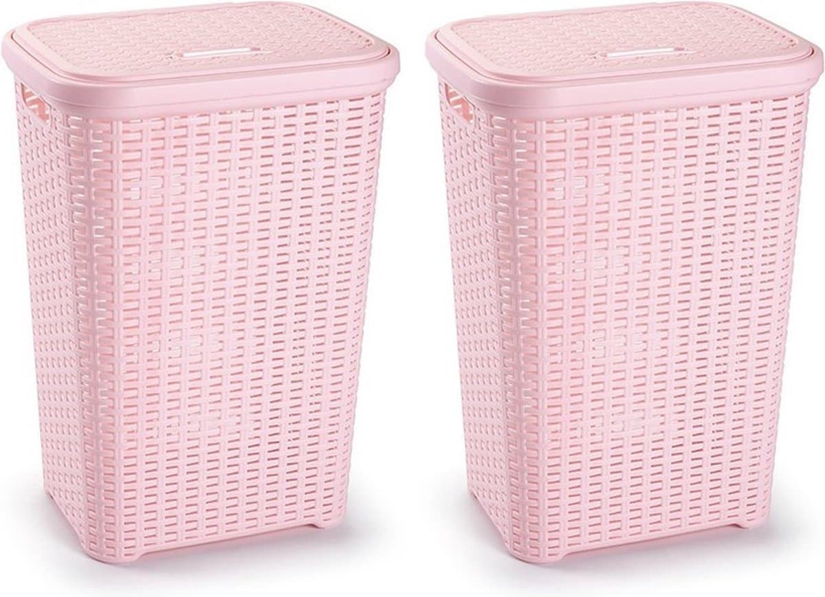 Plasticforte Wasmand met deksel - 2x stuks - 60 liter - lichtroze - rotan - kunststof - L35 x B43 x H62 cm — afbeelding 1