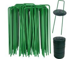 Grondankers grondankers, 40 groene grondankers en 40 bufferschijven, anti-roest, haringen van staal, tuingrondankers voor kunstgras, haringen voor tent, onkruidvlies, tuinvlies, omheining, 150 x 25 mm, 2,8 mm