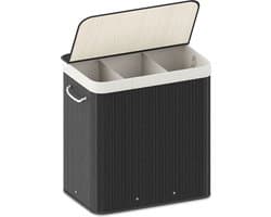 Organess wasmand 3 vakken - Wassorteerder - Wasmand met deksel - Opvouwbaar - 150L - Bamboe - Zwart