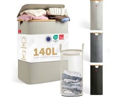Blumtal Wasmand 140L - Wasmand met 2 uitneembare waszakkken - Wasmand met 2 vakken - Smalle wasmand - Flesverzamelaar - Wasmand met deksel - Beige