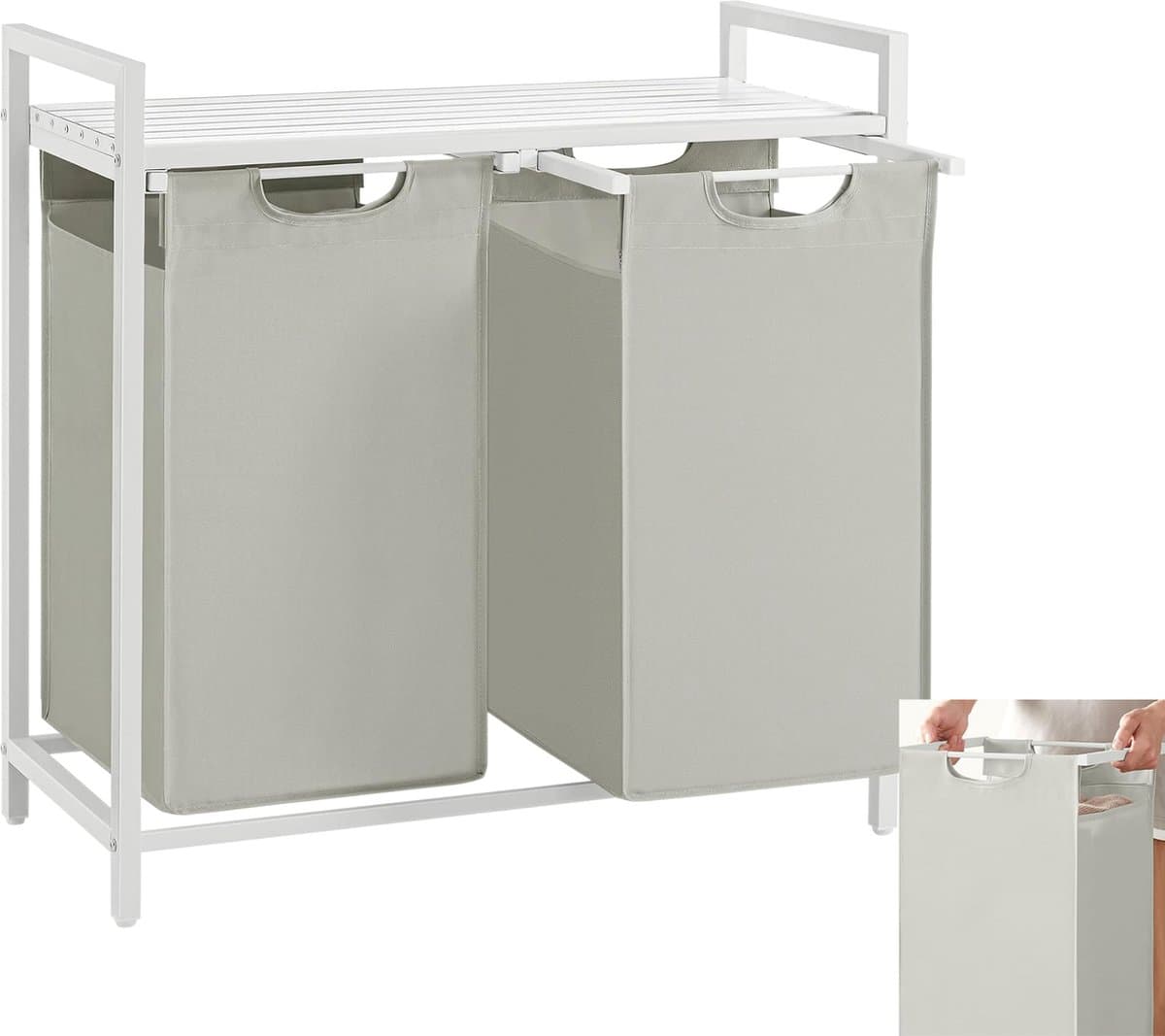 Wasmand 2 vakken, Wassorteerder, Uitschuifbaar, Wasmand met plank, Wasbox, Waszak van oxford stof uitneembaar, Metalen frame, 2 x 46 L, 73 x 33 x 72 cm — afbeelding 1