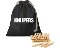 Canvas knijperzak/ opbergzakje knijpers zwart met koord 25 x 30 cm en 120 houten wasknijpers - Knijperzak met knijpers