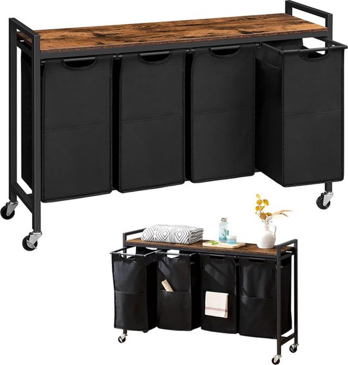 Luxe Wassoorteerder – 4 Vakken – Wasmand – Op Wieltjes – Met Deksel – Basket op Wielen – Duurzame Stof – Stabiel Frame – Zwart — afbeelding 1