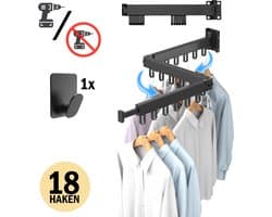 PLAY IT Wanddroogrek 127cm Inklapbaar 18 Haken Zwart - Wasrek/Droogrek Hangend + Handdoek Haakje — afbeelding 1