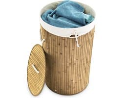 wasmand bamboe - 70 l - opvouwbaar - met deksel en katoenen waszak - Ø 41 cm - natuur — afbeelding 1