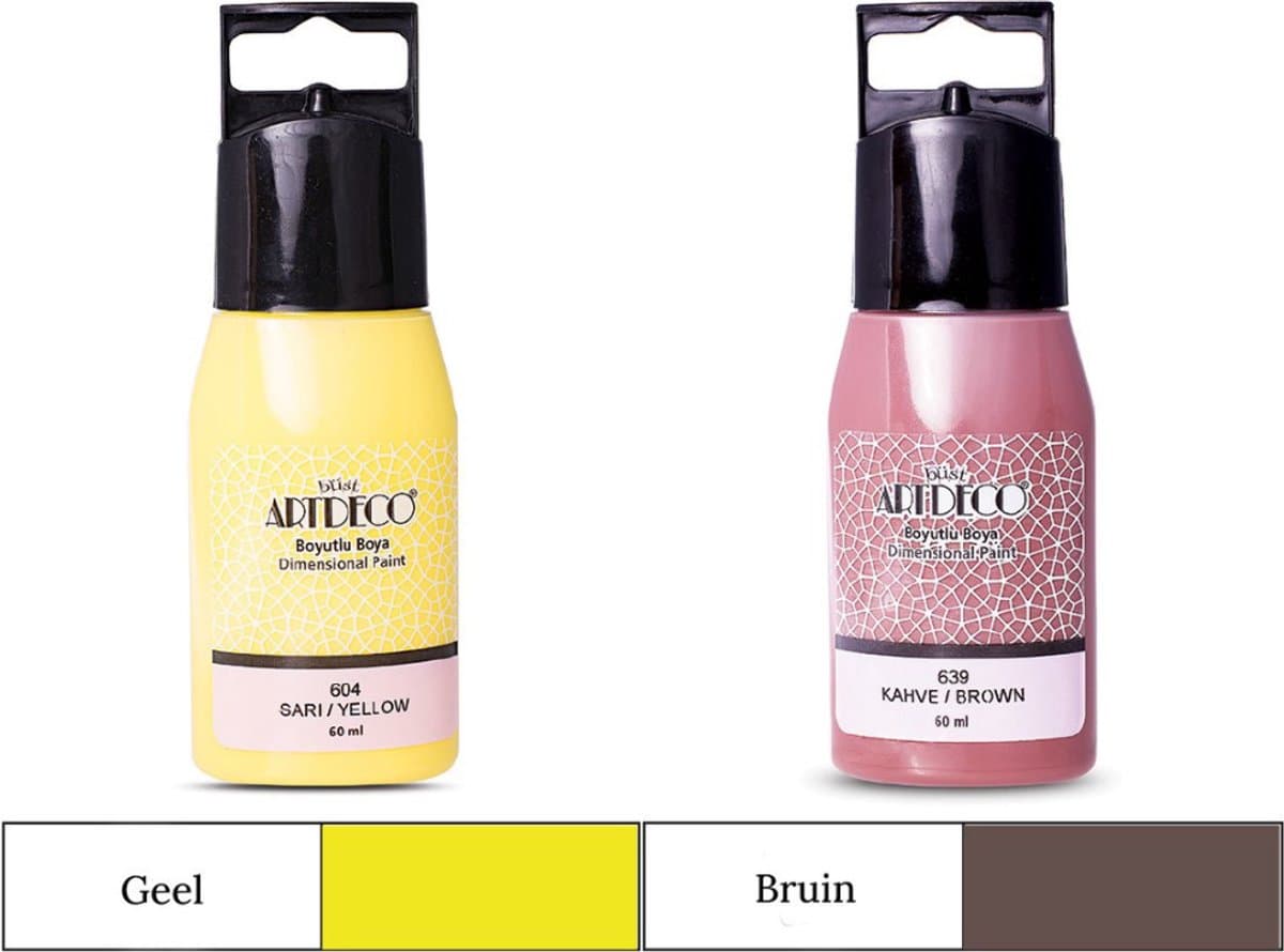 Artdeco 3D Dimensionale Verf Set – 2x50 ml – Geel & Bruin – Geschikt voor Stof, Glas, Keramiek, Karton, Metaal, Papier & Steen – 3D Liner Textuur- en Reliëfschilderen Dimensional Paint — afbeelding 1