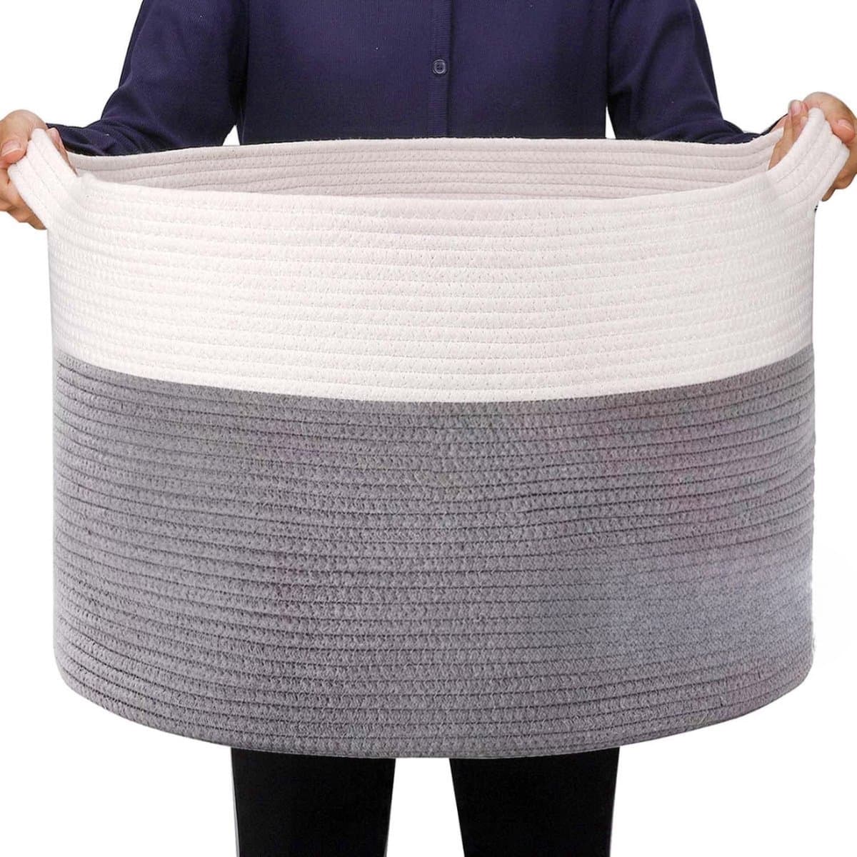 Wasmand XXL Extra grote katoenen touwmand 56 x 56 x 35 cm, super groot geweven wasmanden voor dekens, opbergmand met handgrepen voor kinderspeelgoed, planten, kussens, woonkamer, mand, mand (lichtgrijs) — afbeelding 1