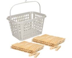 Wasknijpersmandje met ophanghaak - lichtgrijs - met 120x bamboo wasknijpers 7 cm - was ophangen