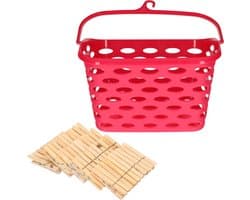 Wasknijpersmandje met haak - fuchsia roze - en 100x houten wasknijpers 7 cm - was ophangen