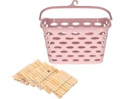 Wasknijpersmandje met haak - roze - en 100x houten wasknijpers 7 cm - was ophangen