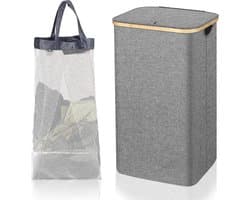 110L wasmand met deksel grote wasmanden met bamboe handvatten draagbare kledingmand voor slaapzaal badkamer grijs opvouwbare wasmand wasmanden voor kast (grijs)
