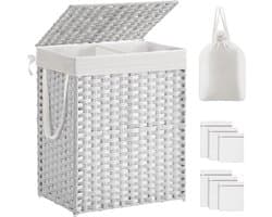 Wasmand met deksel, wasverzamelaar, 90 liter, 2 vakken, uitneembare waszak met handgrepen, handgevlochten, voor slaapkamer, badkamer, 33 x 46 x 60 cm, wit, LCB251W01V1