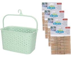 Wasknijpersmandje met ophanghaak - mintgroen - en 96x houten wasknijpers 7 cm - was ophangen