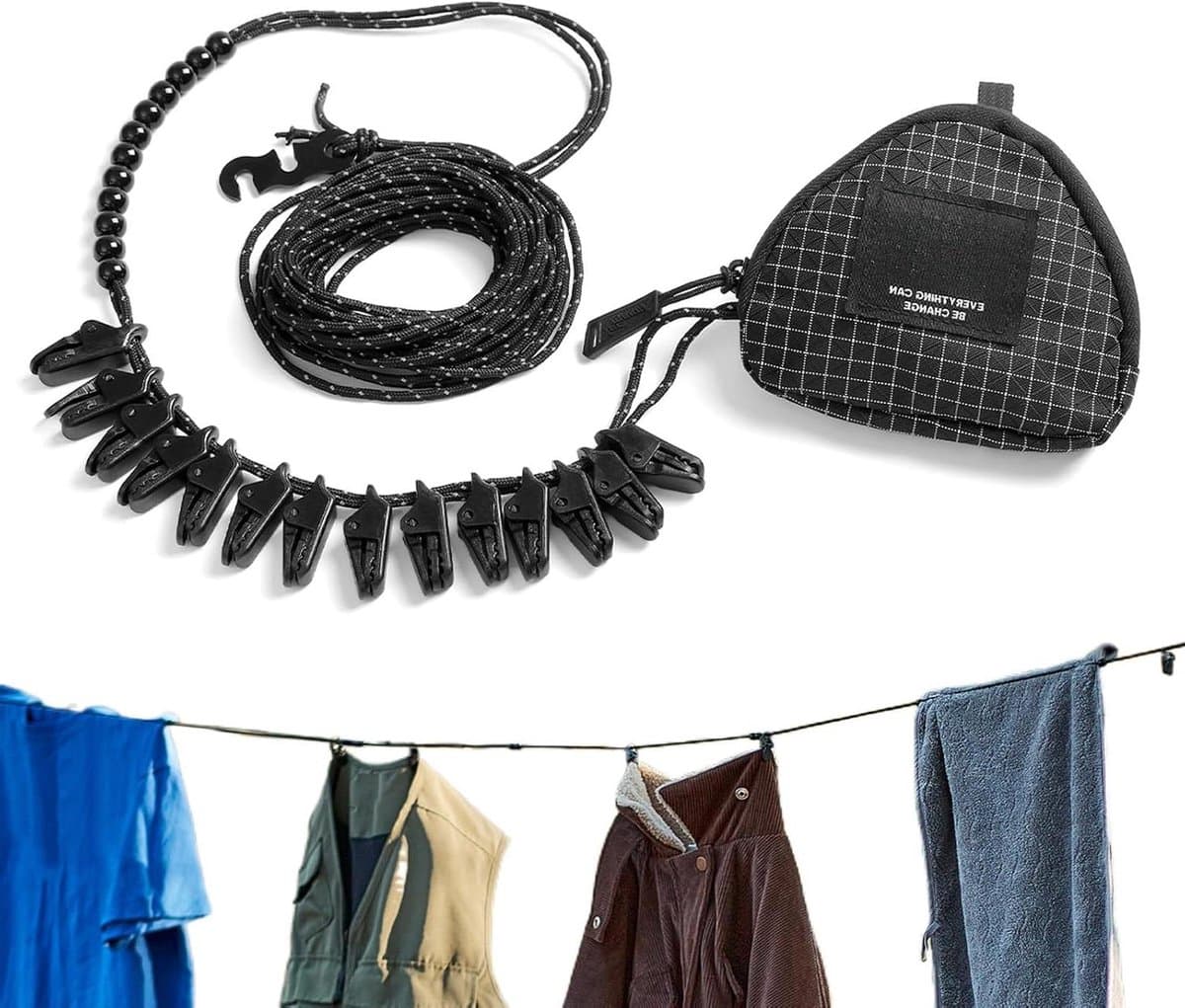 Camping Waslijn - Draagbare Waslijn - Kleding Drogen - Reflecterende Kralen - 10 Meter - Zwart — afbeelding 1