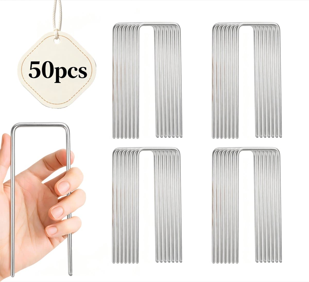 50 stuks grondankers - 150 x 30 x 3 mm - zilver U-vormige tuinharingen - vloeranker - stabiel - bevestigingsanker - grondhaken - tuinharingen - grondnagels - stabiel voor kunstgras - tuinvlies - gazonrooster - omheining — afbeelding 1