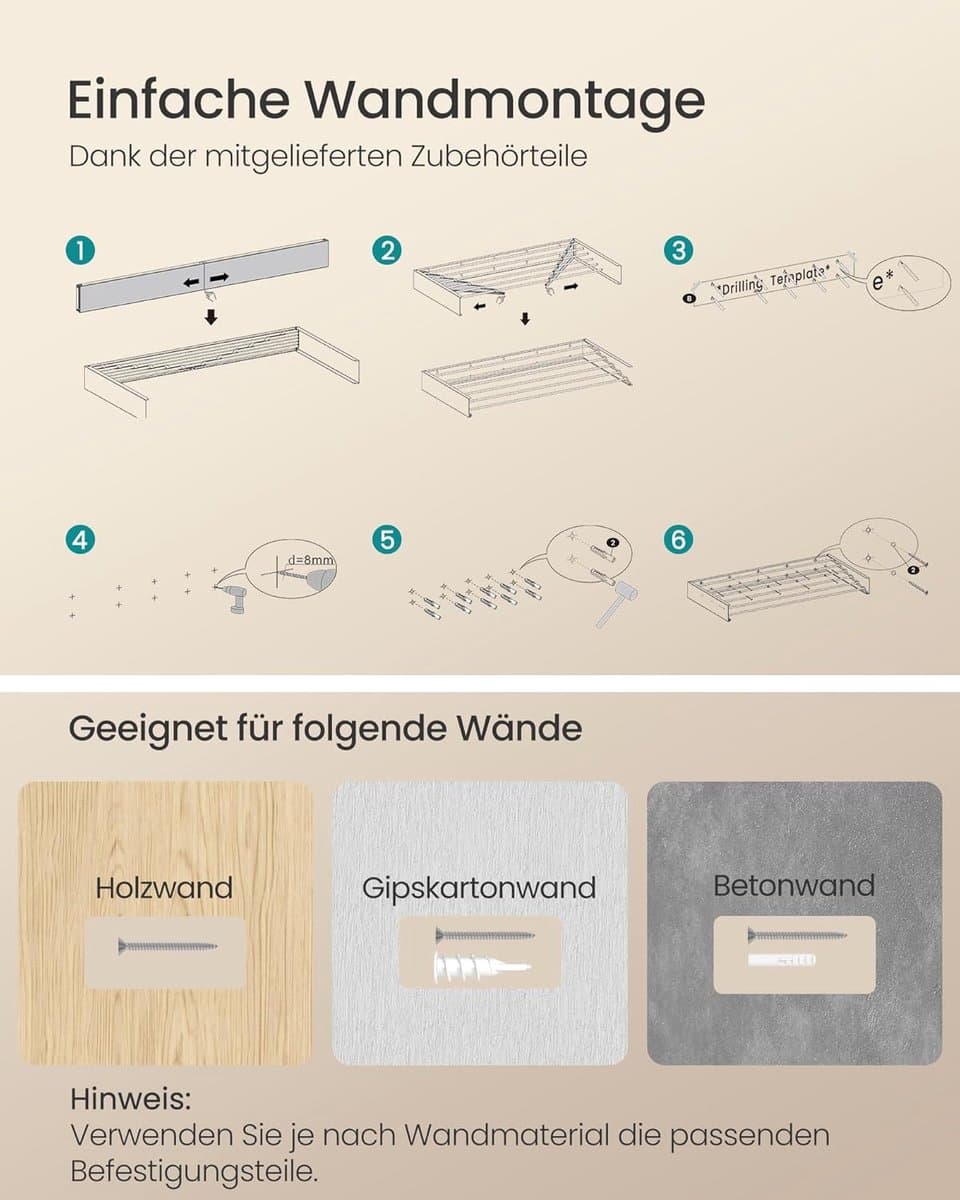 SONGMICS Wasrek wandmontage, wasdroger inklapbaar 6 stangen, wandwasdroger uittrekbaar, wanddroger, ruimtebesparend, boorsjabloon, voor binnen en buiten, 100 cm, mat wit LLR810WE01 — afbeelding 1