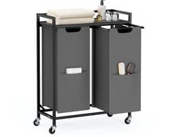 VASAGLE - Wasmand - Wassorteerder - 2 Vakken - Verrijdbare - Plank - Uitneembare Tassen - 110 L
