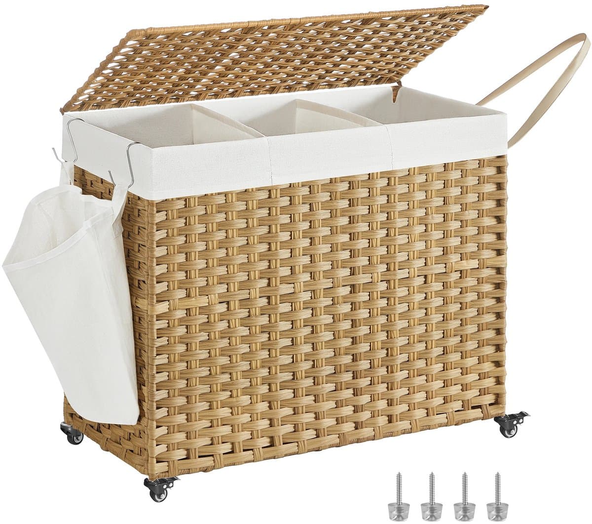 Lifero Wasmand - Verrijdbare Wasmand - Wasmand met Deksel - 160 Liter - Rotan Wasmand - 3 Vakken voor Verschillende kleuren — afbeelding 1