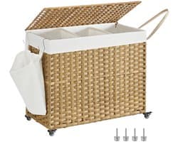 Lifero Wasmand - Verrijdbare Wasmand - Wasmand met Deksel - 160 Liter - Rotan Wasmand - 3 Vakken voor Verschillende kleuren