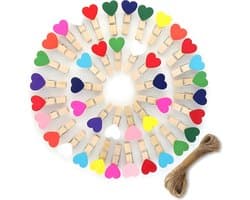 Houten Kledingknijpers - Fotoklemmen Hartjes - Decoratie Ophangen - Natuurlijk Hout - 100 Stuks - Multicolor
