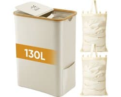 Rivoya Wasmand 2 Vakken - Wassorteerder - 130L - Met 2 Uitneembare Zakken - Wasmand met deksel - Laundry basket - Waszak - Beige - Knopen — afbeelding 1